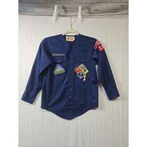 Vtg 70s Cub‎ Scout Long Sleeve Button Up Navy Shirt Boys 6? Patches Uniform Top